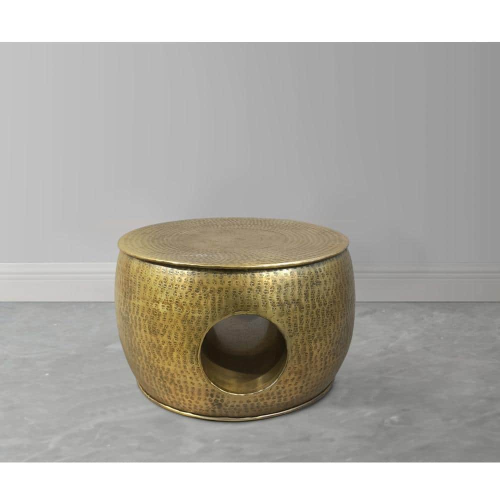 Antique Brass Round Metal Lift-Top Coffee Table with Hollow Center