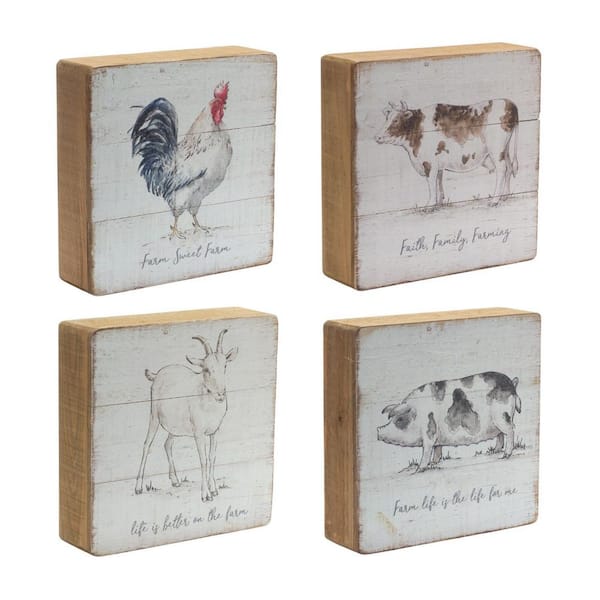 HomeRoots 7.75 in. x 7.75 in. White, and Farm Animals Wood Framed Wall Art 4-Piece