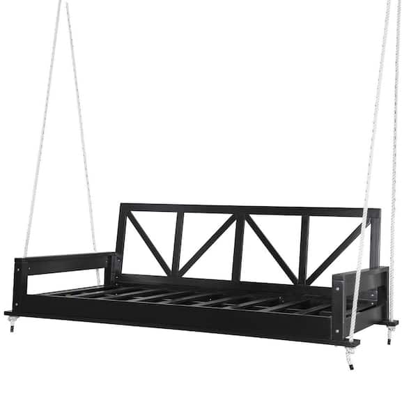 Twin Size Swing Bed 2-Person Black Acacia Wood Porch Swing Hanging Bed Frame with Ropes for Gardens,