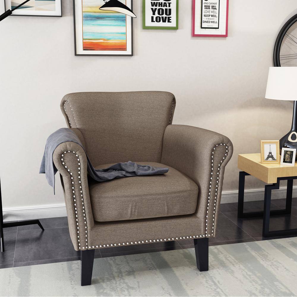 Handcrafted Light Coffee Fabric Club Chair with Studded Detail