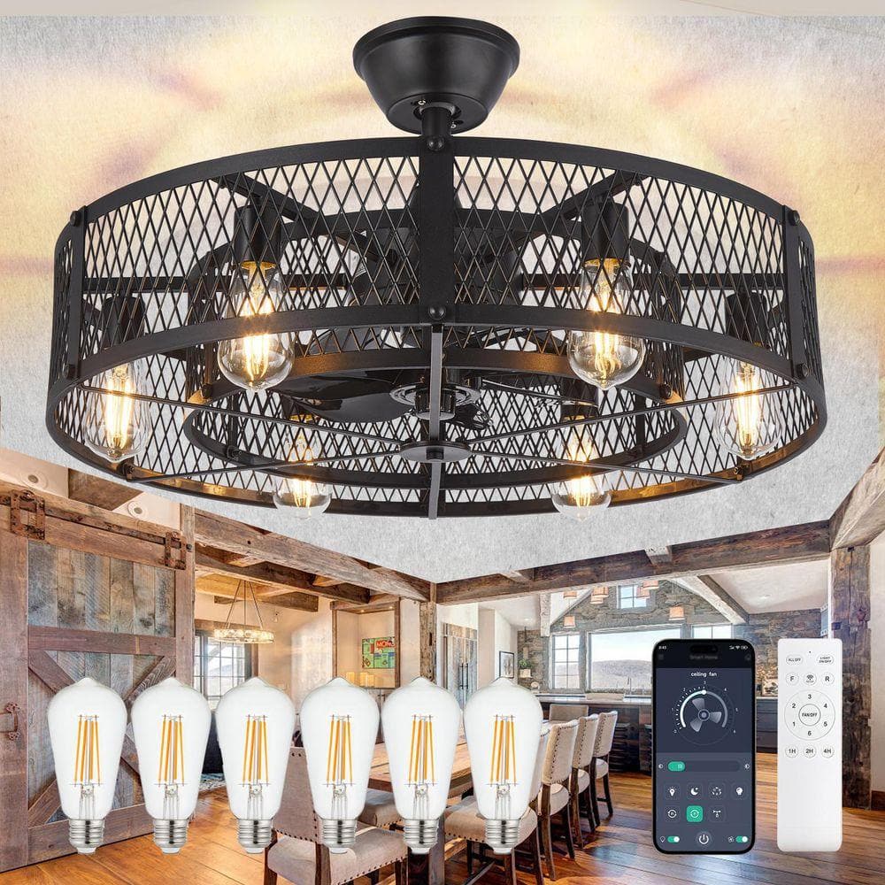 Zmzdp Industrial Caged Ceiling Fan With Lights – Black, Remote Control, 6 Speeds, Reversible DC Motor, Flush Mount, 4 E26 Sockets, 2/4-Hour Timer – For Kitchen, Bedroom, Outdoor, Farmhouse