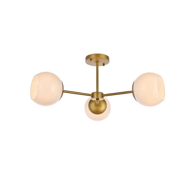 Unbranded Timless Home 26 in. 3-Light Midcentury Modern Brass and White Flush Mount with No Bulbs Included