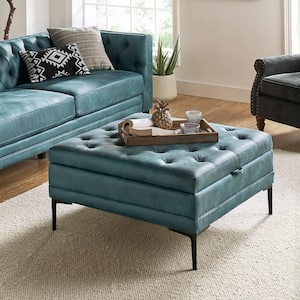 Jeremias Blue Transitional Lift Top Shelved Storage Button-Tufted Cocktail Ottoman with Metal Leg