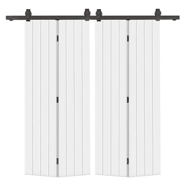 CALHOME 52 in. x 80 in. Hollow Core White Painted MDF Composite Modern Bi-Fold Double Barn Door with Sliding Hardware Kit