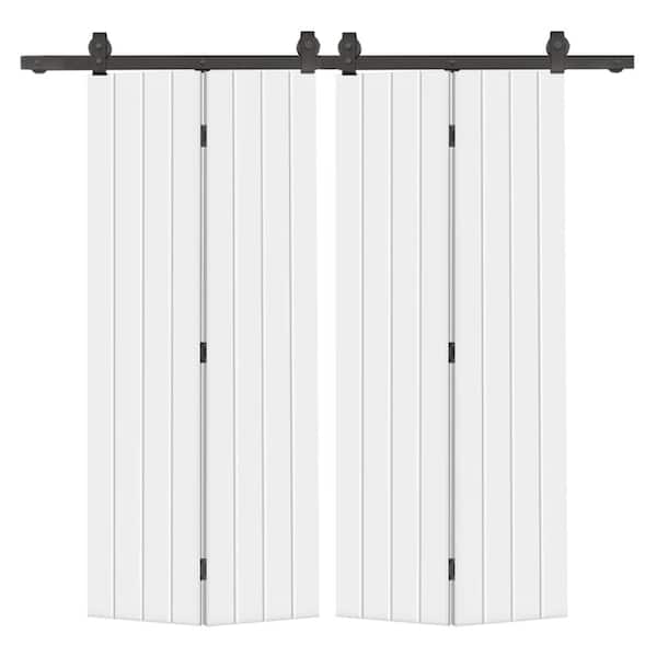 CALHOME 60 in. x 80 in. Hollow Core White Painted MDF Composite Modern Bi-Fold Double Barn Door with Sliding Hardware Kit