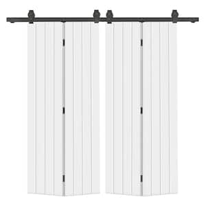 68 in. x 80 in. Hollow Core White Painted MDF Composite Modern Bi-Fold Double Barn Door with Sliding Hardware Kit