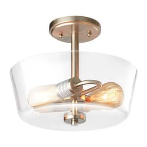 12 in. 2-Lights Brushed Nickel Industrial Style Semi-Flush Mount With Clear Glass Shade and No Bulbs Included