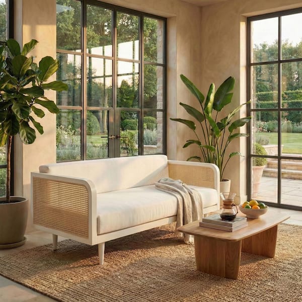 Helena 74.8 in. Square Arm Polyester Rectangle Sofa in White/Natural