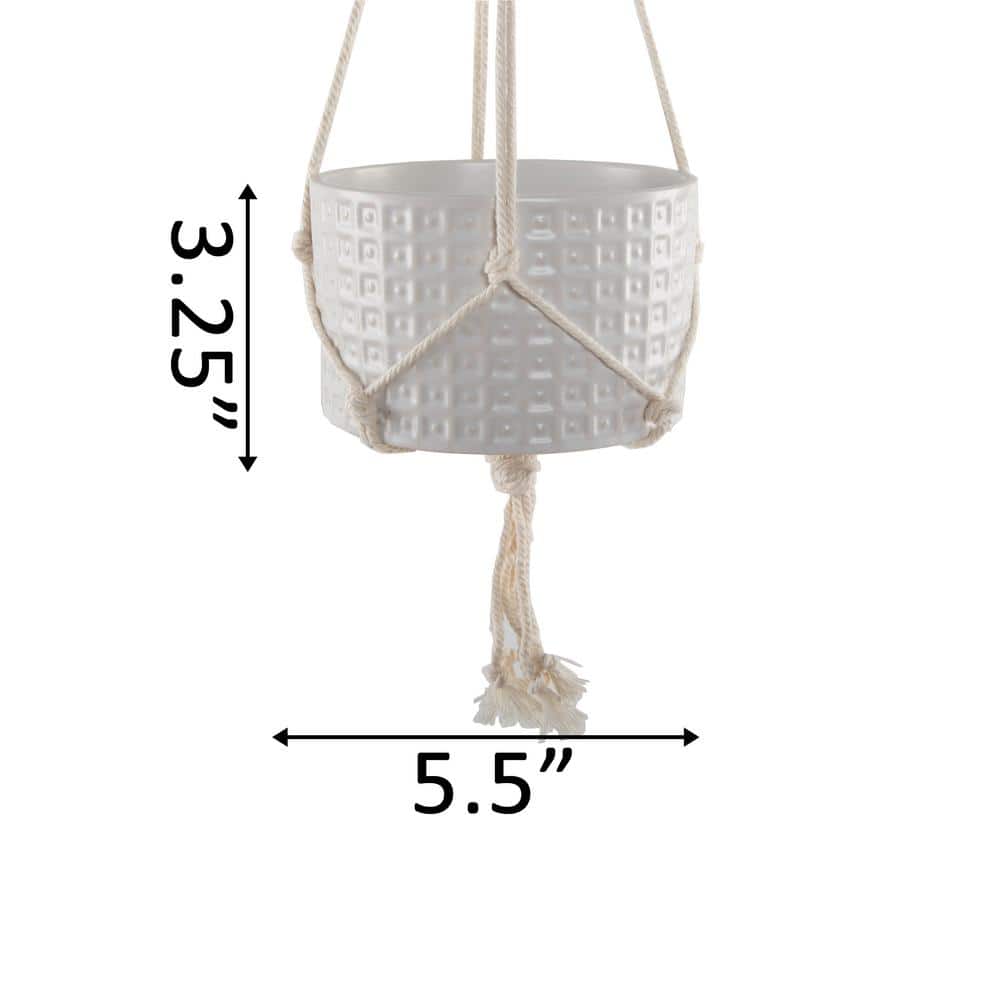 Matte White Ceramic 5.5'' Indoor Hanging Planter with Macrame