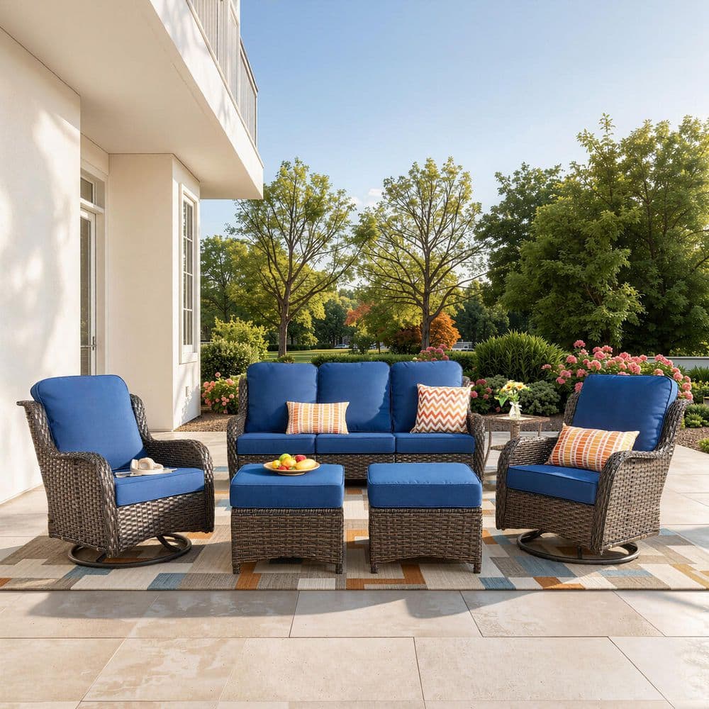 New Kenard Brown 6-Piece Wicker Patio Conversation Set with Navy Blue Cushions and Swivel Rocking Chairs price history on PriceWatchPro