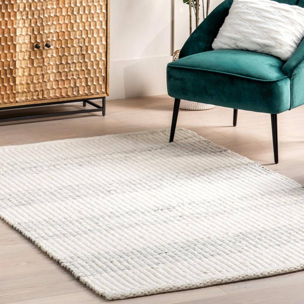 Ivory and Gray Striped Handmade Wool Area Rug 5x8