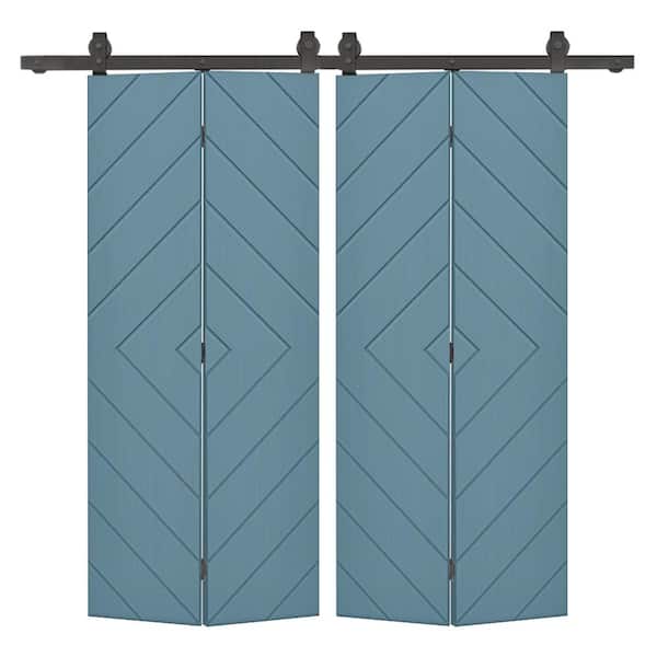 CALHOME Diamond 56 in. x 80 in. Dignity Blue Painted MDF Modern Bi-Fold Double Barn Door with Sliding Hardware Kit