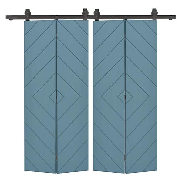 CALHOME Diamond 60 in. x 80 in. Dignity Blue Painted MDF Modern Bi-Fold Double Barn Door with Sliding Hardware Kit