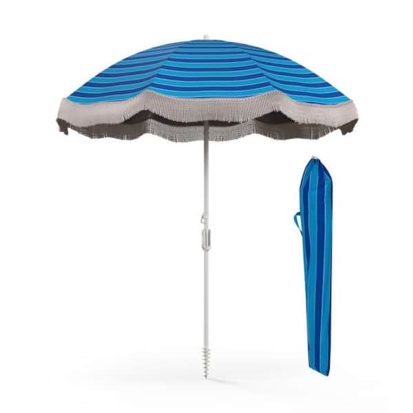 Kadehome 6.5 ft. Metal Tassel Beach Market Patio Umbrella in Navy with Push Button Tilt