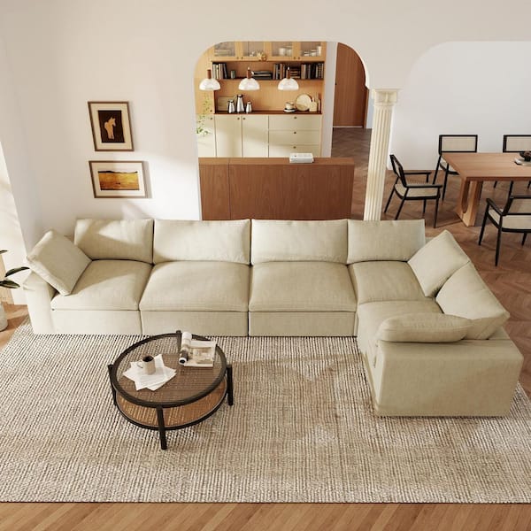 Down Filled 118 in. Square Arm 5-Piece Linen U Shaped Cloud Modular Sectional Sofa Couch with Washable Cover in Khaki