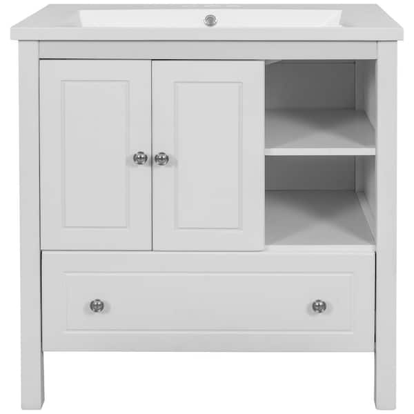 30 in. W x 18.03 in. D x 32.13 in. H White Bath Vanity w/White Ceramic Top, Bath Storage Cabinet w/Doors & Drawers