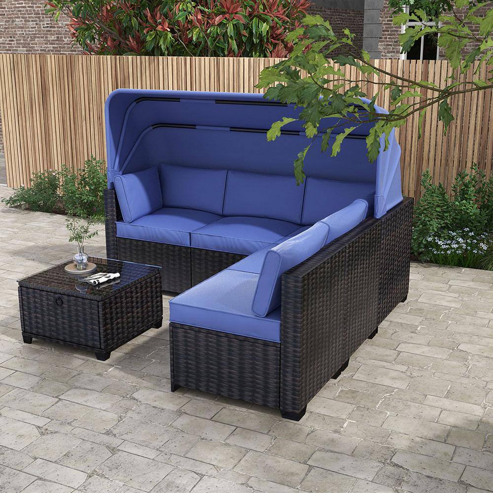6 Pieces Wicker Patio Conversation Set with Retractable Canopy Outdoor Adjustable Backrest Blue Cushions price history on PriceWatchPro
