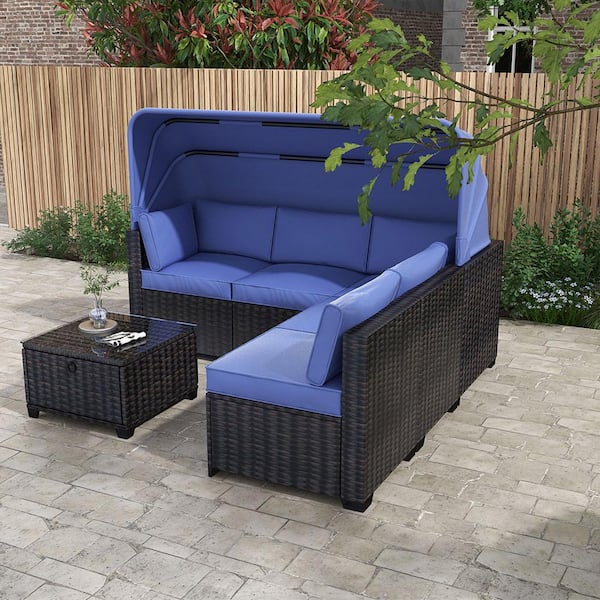 Sudzendf 6 Pieces Wicker Patio Conversation Set with Retractable Canopy Outdoor Adjustable Backrest Blue Cushions