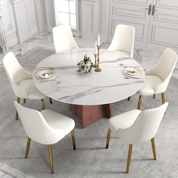 Magic Home 59.05 in. White Sintered Round Stone Tabletop Copper Pedestal Base Kitchen Dining Table (Seats-8)
