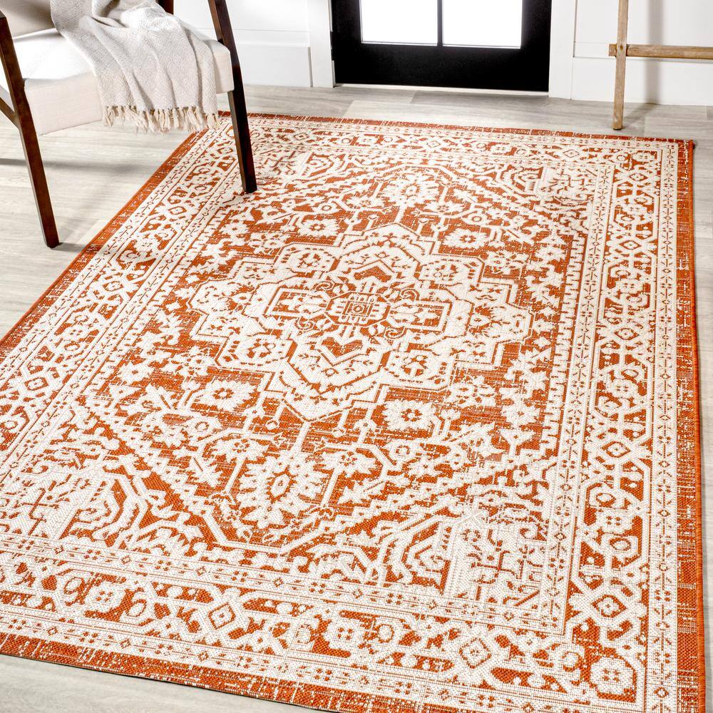 Sinjuri Orange/Cream Medallion Handwoven 9' x 12' Indoor/Outdoor Rug