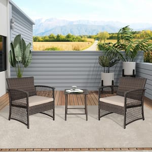Highland Coffee 3-Piece Woven Rattan Wicker Patio Conversation Set with Beige Cushions