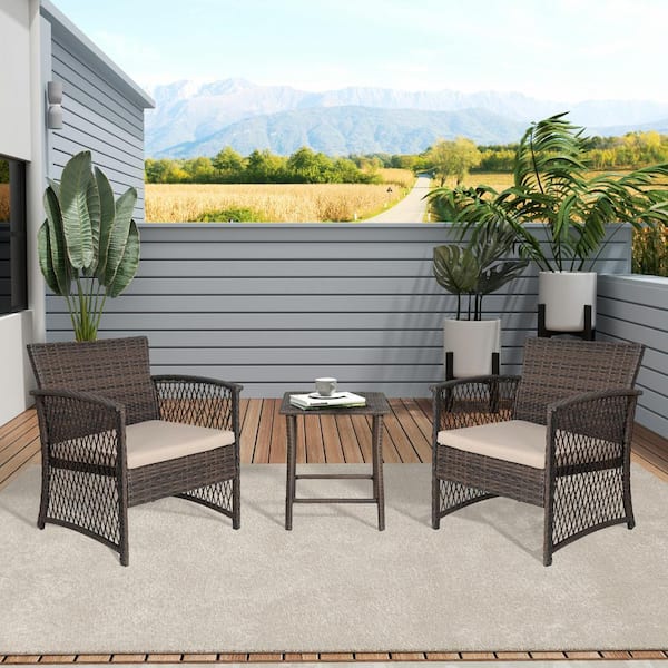 WESTIN OUTDOOR Highland Coffee 3-Piece Woven Rattan Wicker Patio Conversation Set with Beige Cushions
