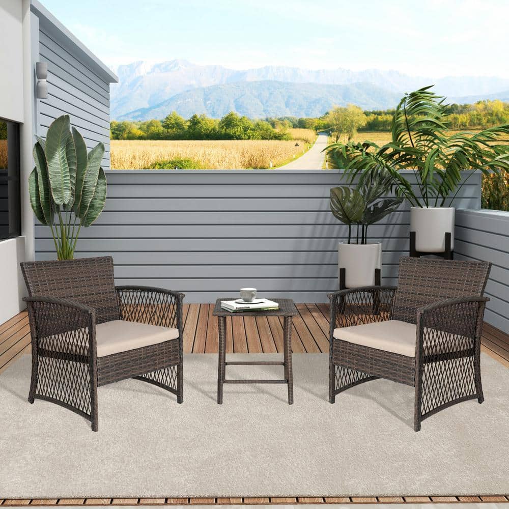 Coffee and Beige 3-Piece Wicker Patio Bistro Set