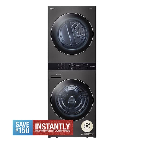 WashTower Stacked SMART Laundry Center 4.5 Cu.Ft. Front Load Washer & 7.4 Cu.Ft. Electric Dryer in Black Steel w/ Steam