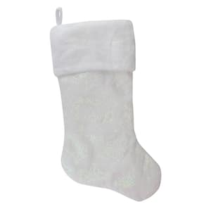 22 in. LED Lighted White Polyester Iridescent Glittered Snowflake Christmas Stocking