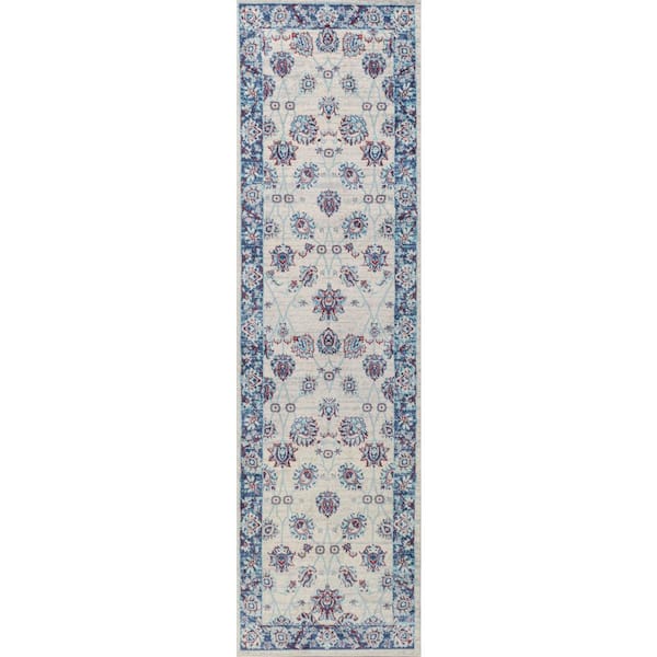 Modern Persian Vintage Moroccan Traditional Cream/Navy 2 ft. x 10 ft. Runner Rug