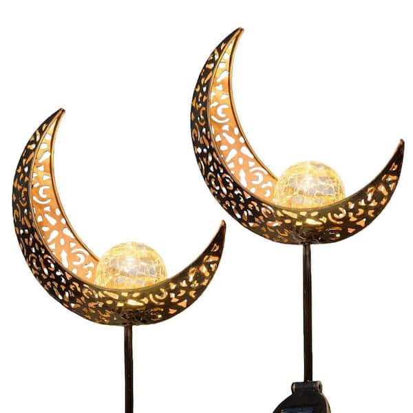 2-Pack Moon Garden Solar Lights Outdoor Stakes Waterproof, Crackle Glass, Backyard Decor Balcony Lawn Ornaments, Bronze