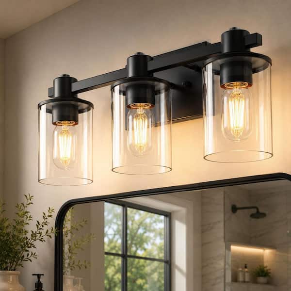 20 in. 3-Light Matte Black Bathroom Vanity Light, Modern Fixture with Clear Glass Shades Over Mirror for Bathroom