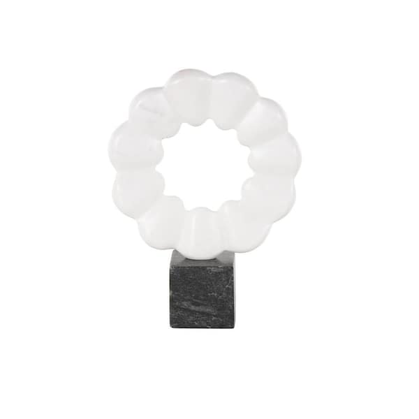 Litton Lane White 9 in. x 12 in. Marble Ceramic Floral Inspired Ring Geometric Sculpture with Black Block Base