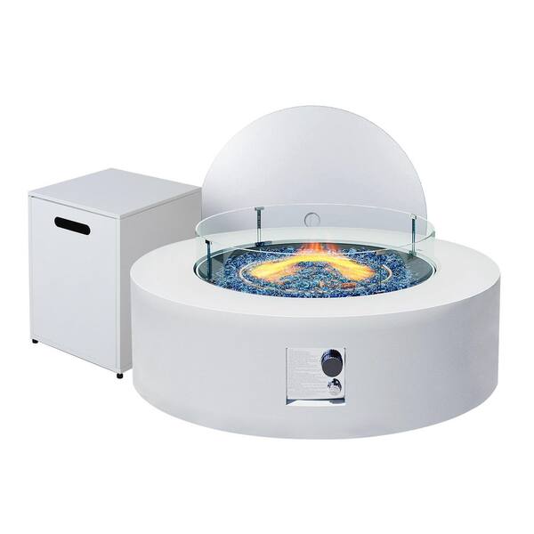 42 in. Outdoor Round Iron White Fire Pit Table with Propane Tank Holder and Glass Wind Guard