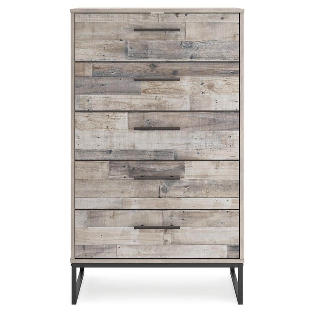 Transitional Whitewash Pine 5-Drawer Chest with Pewter-Tone Pulls