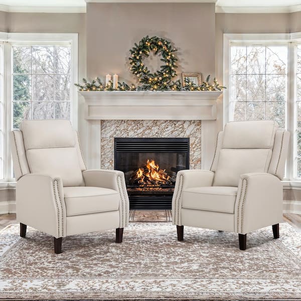 Valkyrie Grayish Beige Genuine Leather Recliner Chair Arm Chair with Nailhead Handrails & Adjustable Footrest (Set of 2)