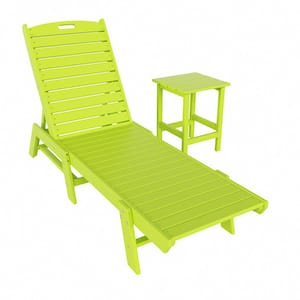 Laguna 2-Piece Lime Fade Resistant Poly HDPE Plastic Outdoor Patio Reclining Chaise Lounge Chair with Side Table Set