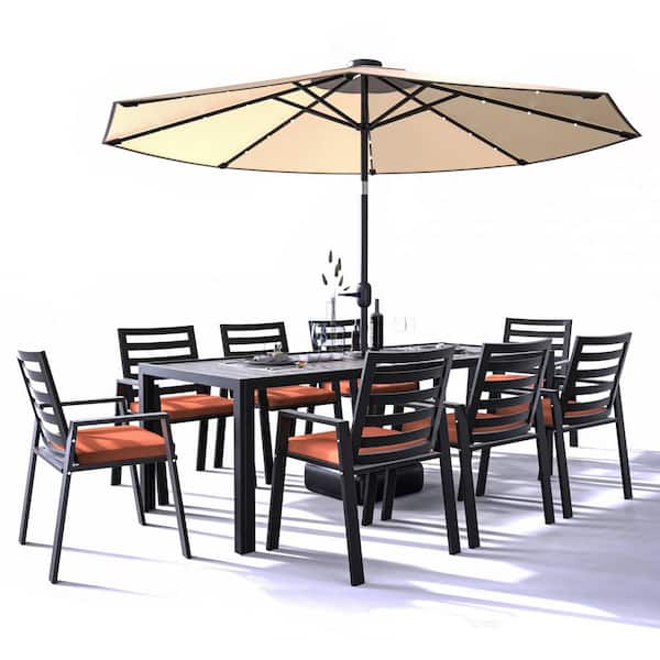 Leisuremod Chelsea 9-Piece Outdoor Dining Set with Aluminum Dining Table and 8-Dining Chairs with Removable Cushions, Orange