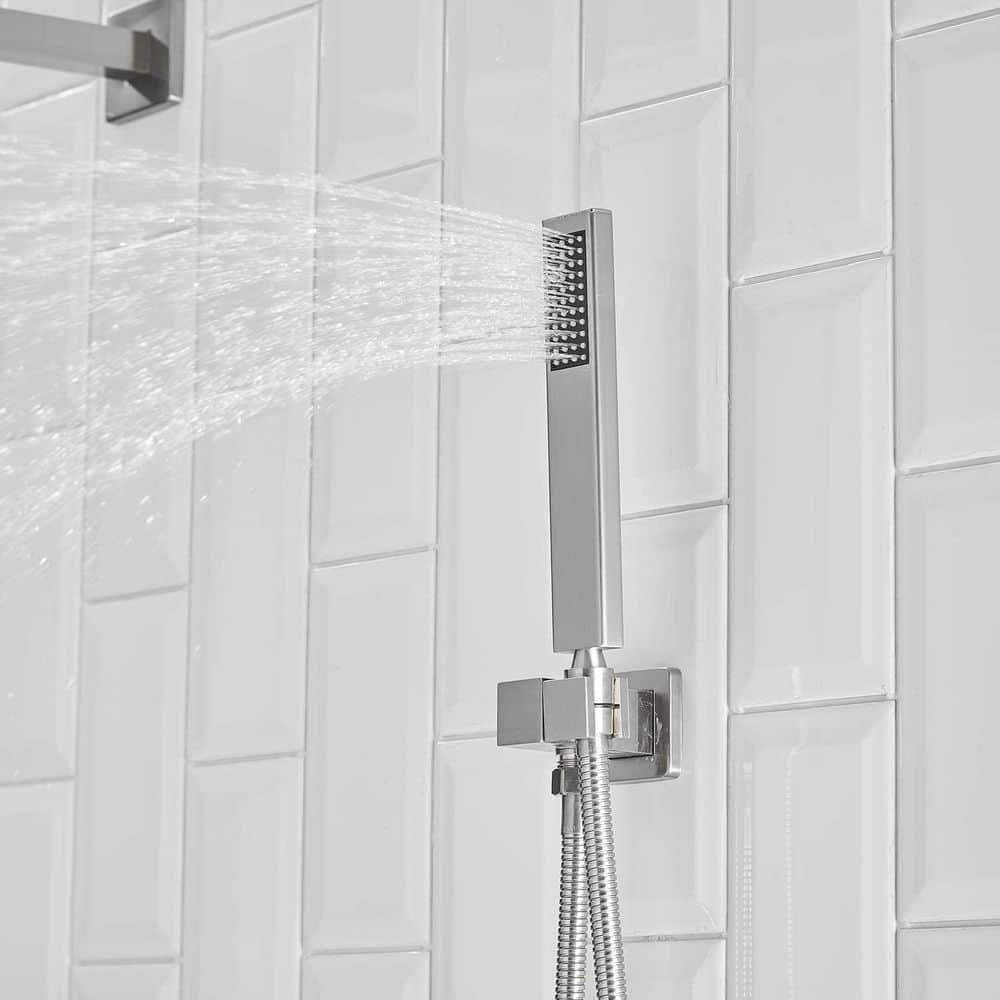 Brushed Nickel 12-Inch Square Rain Shower System with Handheld and Tub Spout