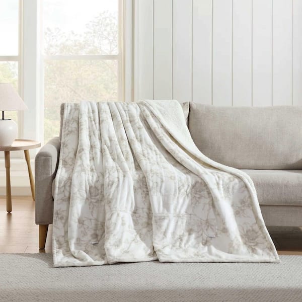Laura Ashley Wistful Blooms 1-Piece Beige Plush Fleece Full