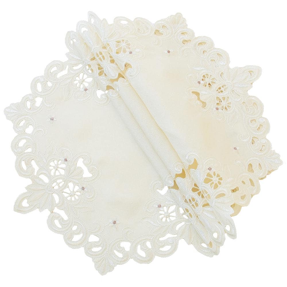 Ivory Polyester Floral Embroidered Round Doily Set
