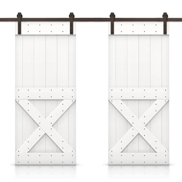 CALHOME Mini X 64 in. x 84 in. Pure White Stained DIY Solid Pine Wood Interior Double Sliding Barn Door with Hardware Kit