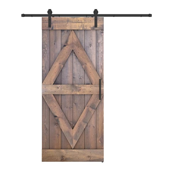 Dessliy Diamond Series 30 in. x 84 in. Fully Set Up Briar Smoke Finished Pine Wood Sliding Barn Door with Hardware Kit