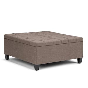 Harrison 36 in. Wide Transitional Square Coffee Table Storage Ottoman in Fawn Brown Linen Look Fabric