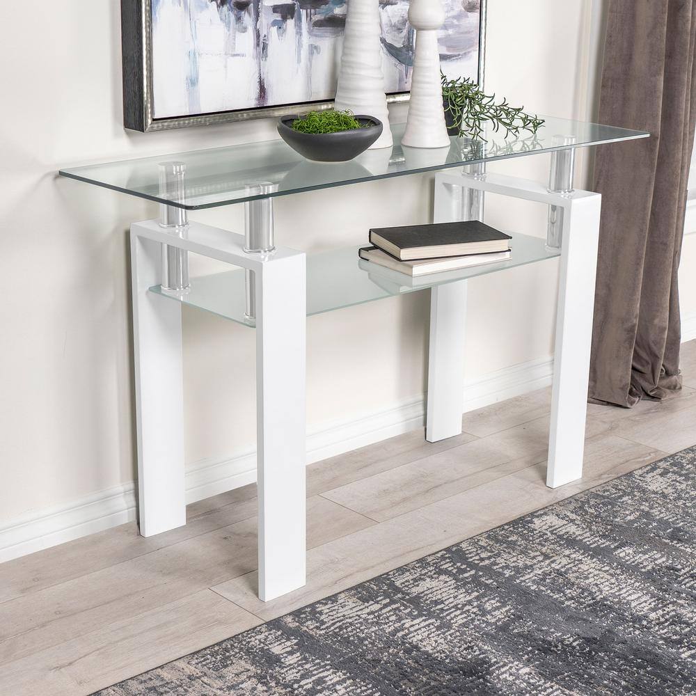 White Metal and Glass Rectangular Sofa Table with Shelf