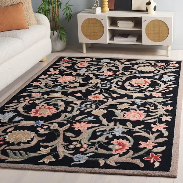 Chelsea 3 ft. x 5 ft. Oval Black Solid Color Floral Border Area Rug