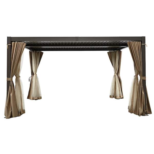 EGEIROSLIFE 10 ft. x 13 ft. Aluminum Louvered Pergola with Adjustable Roof and Khaki Curtains