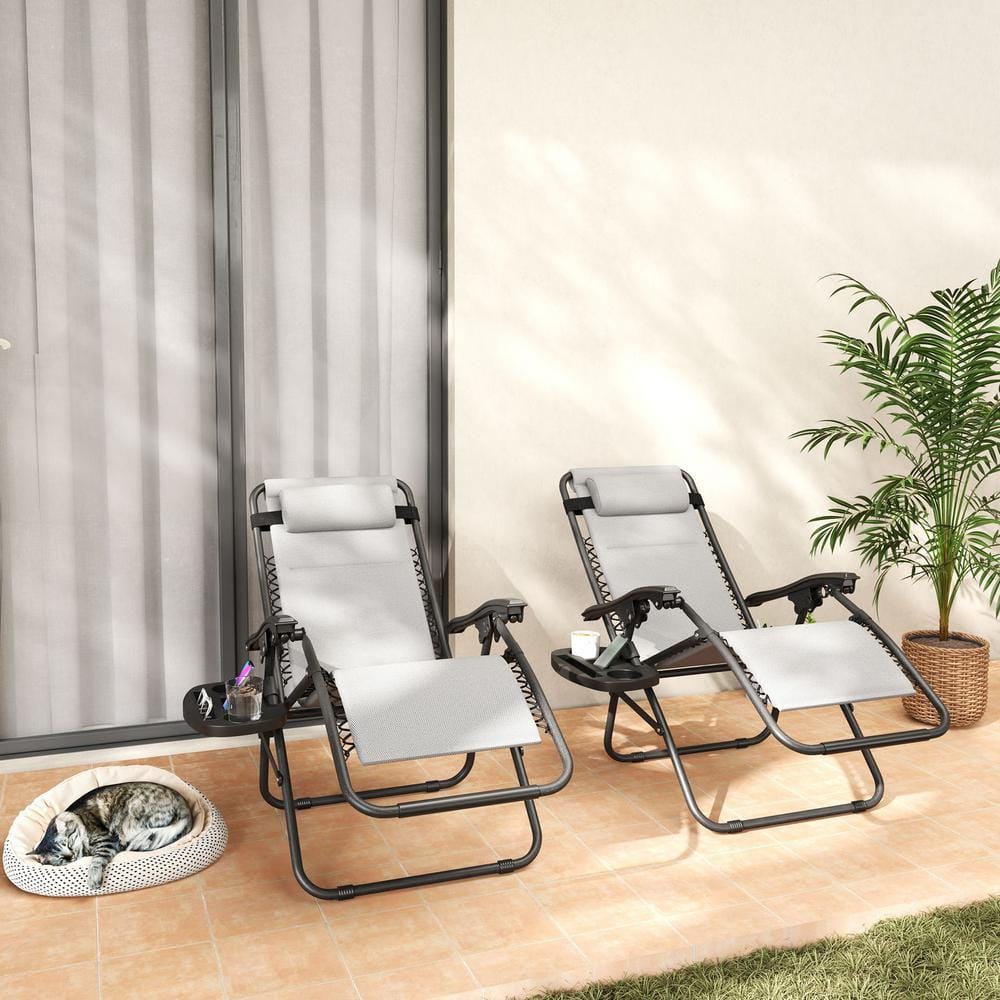 Reclining Folding Zero Gravity Metal Outdoor Lounge Chairs with Light Gray 