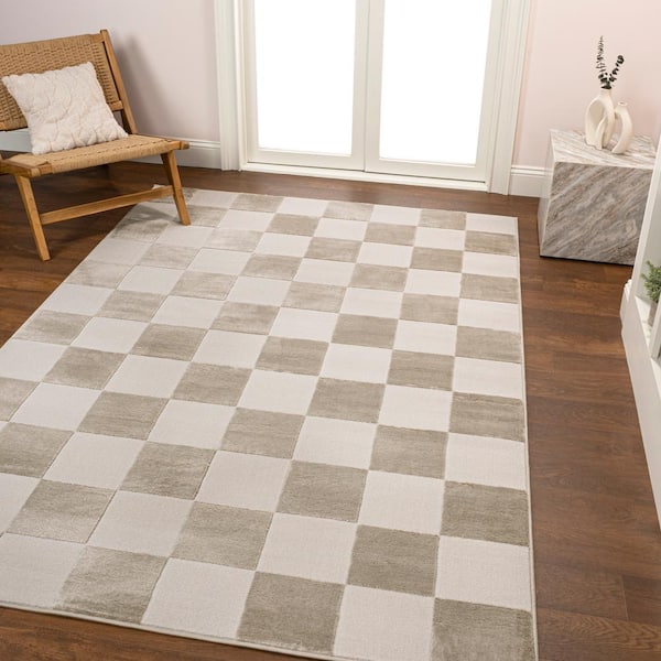 Thea Modern Geometric Checkerboard High-Low Beige/Cream 3 ft. x 5 ft. Area Rug
