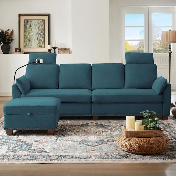 STICKON 102.36 in. Wide Blue Pillow Top Arm Fabric 4-Seater L Shaped Reversible Sectional Sofa with Storage Ottoman